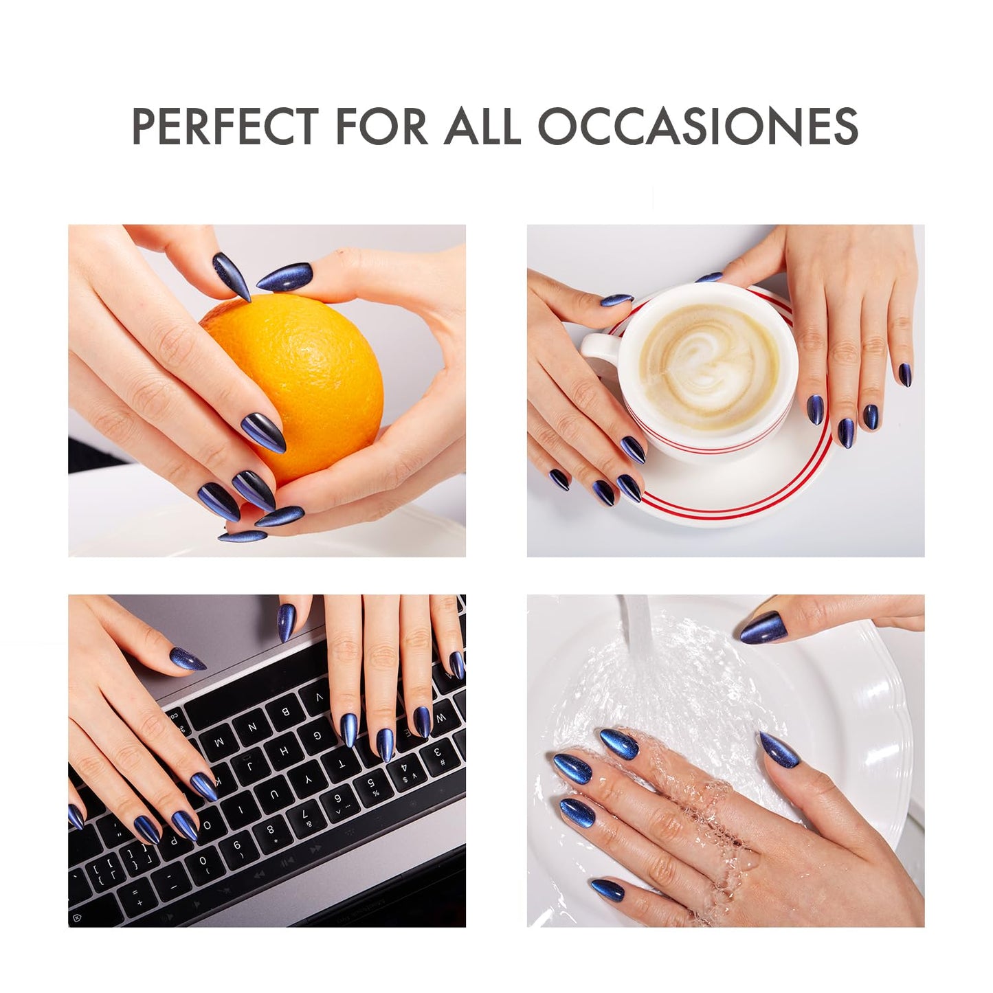 VSALON Press on Nails Short Almond - Deep Blue Cat Eye & Silver Metallic Finish French Tip