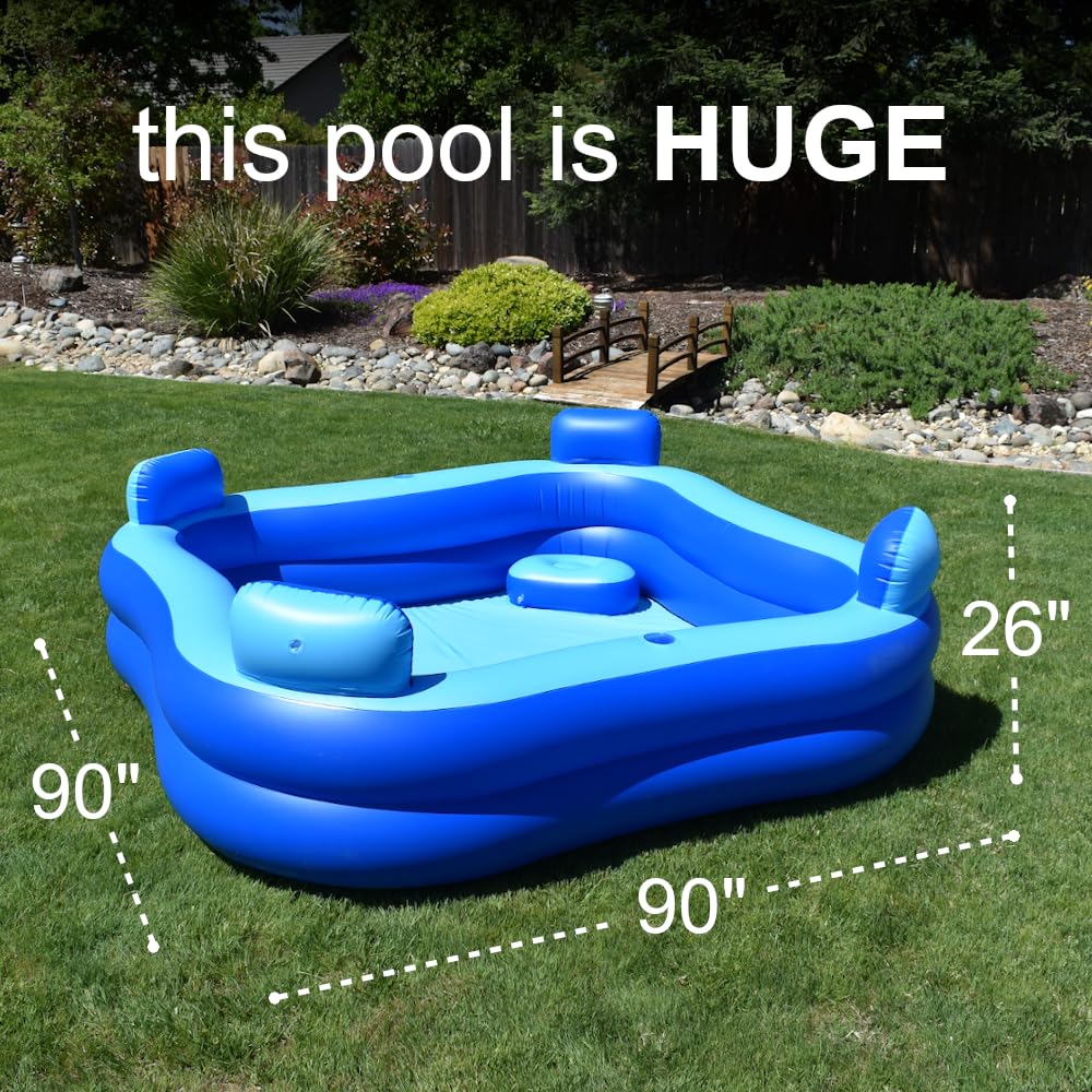Inflatable Pool w/Seats & Headrests, 8ft x 8ft, Comes with Electric Pump and Ground Tarp Included - Fast Setup and Reinforced Seams