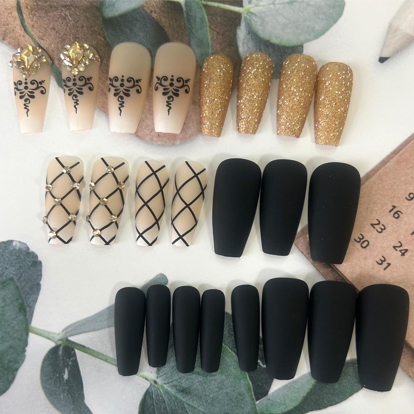 Medium Press On Acrylic Nails with Black Grid Designs - Full Cover Coffin Glossy Golden Diamond False Nails, Reusable Set for Women
