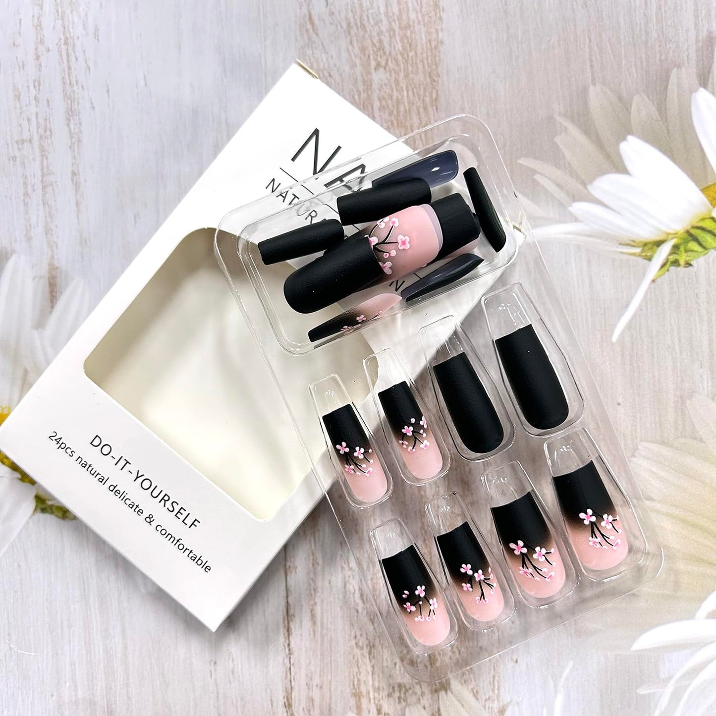 CJDLTS 24Pcs Flower Press on Nails Medium Black French False Nails Pink Floral Pattern Design Coffin Nails Full Cover Acrylic Nails Ballet Shaped Stick on Nails Artificial Glue on Nails for Women