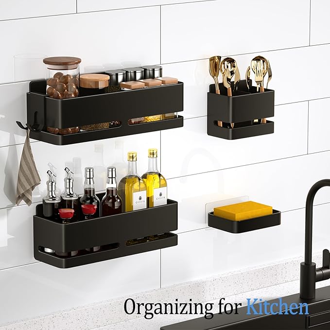 Bathroom Storage Rack (5-Piece Set), Wall-Mounted Shelf with soap Dish and Toothbrush Holder, no Drilling Required, Ideal for Bathroom Storage and Also Suitable for Kitchen (Black)