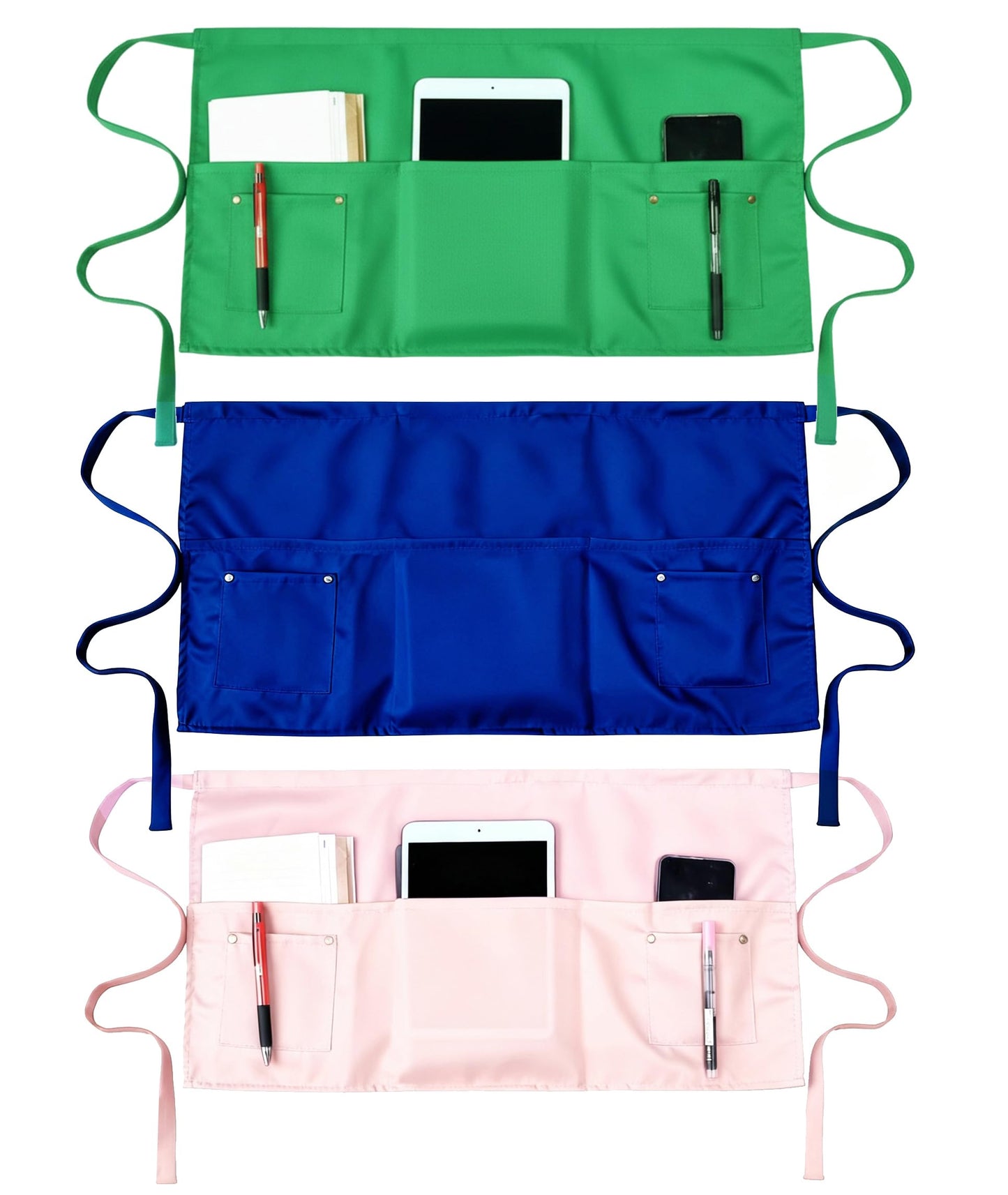Tiwerlfe Pack of 3 Server Waist Aprons, Each with 5 Pockets, 11.5 Inch Waterdrop & Oil Resistant Waitress Waiter Half Aprons-(Blue+Green+Pink)