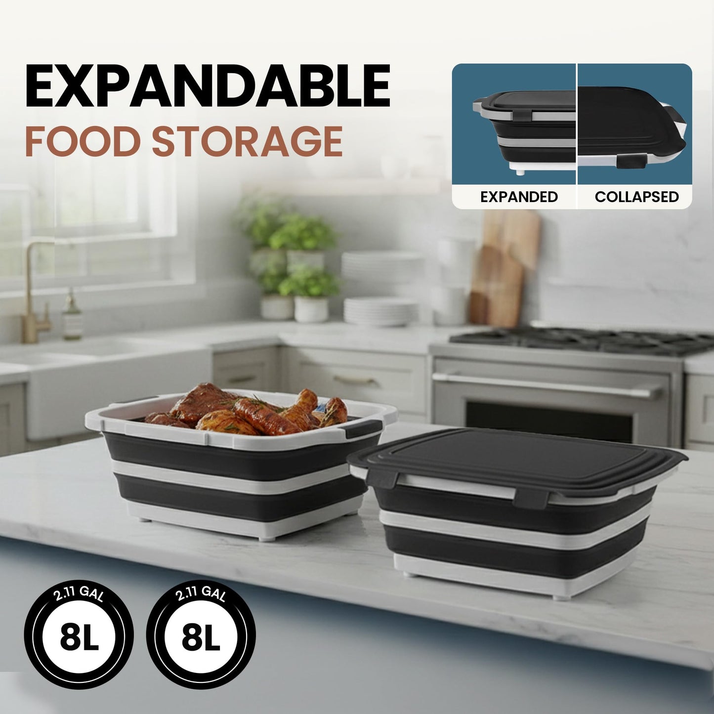 Havenity BBQ Prep Tub 2 Pack (8L+8L) - Multifunctional Collapsible Camping Cutting Board with Upgraded Locking lid, Meal Prep Meat Storage Container Perfect for Grilling, Outdoor Cooking (Large x 2)