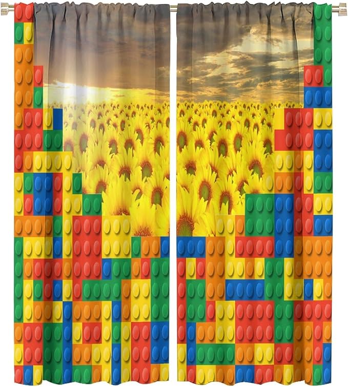 Colorful Building Blocks Sunflower Flower 3D Toy Printed Curtains, Building Blocks, Floral Sunflower Curtains, Interesting Brick 3D Design, Boys and Girls Room Curtain Panels, 2 Panels 42x54in