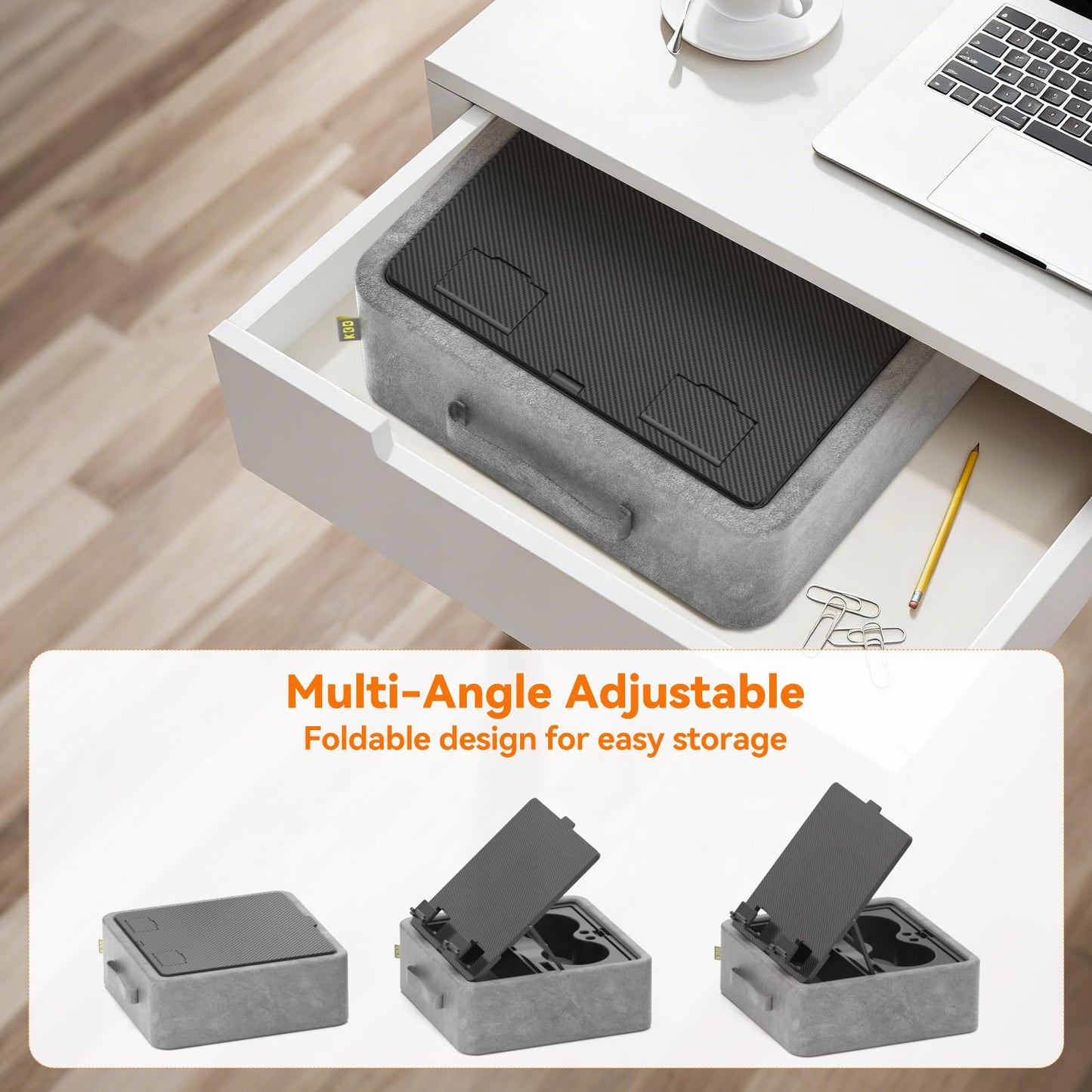 KDD 5 in 1 Tablet Pillow Holder, Foldable Book Stand for Reading with Storage Tray, Pen Slot and 2 Cup Holders, Adjustable iPad Stand for Lap, Bed, Desk and Couch Compatible with Tablet and Book