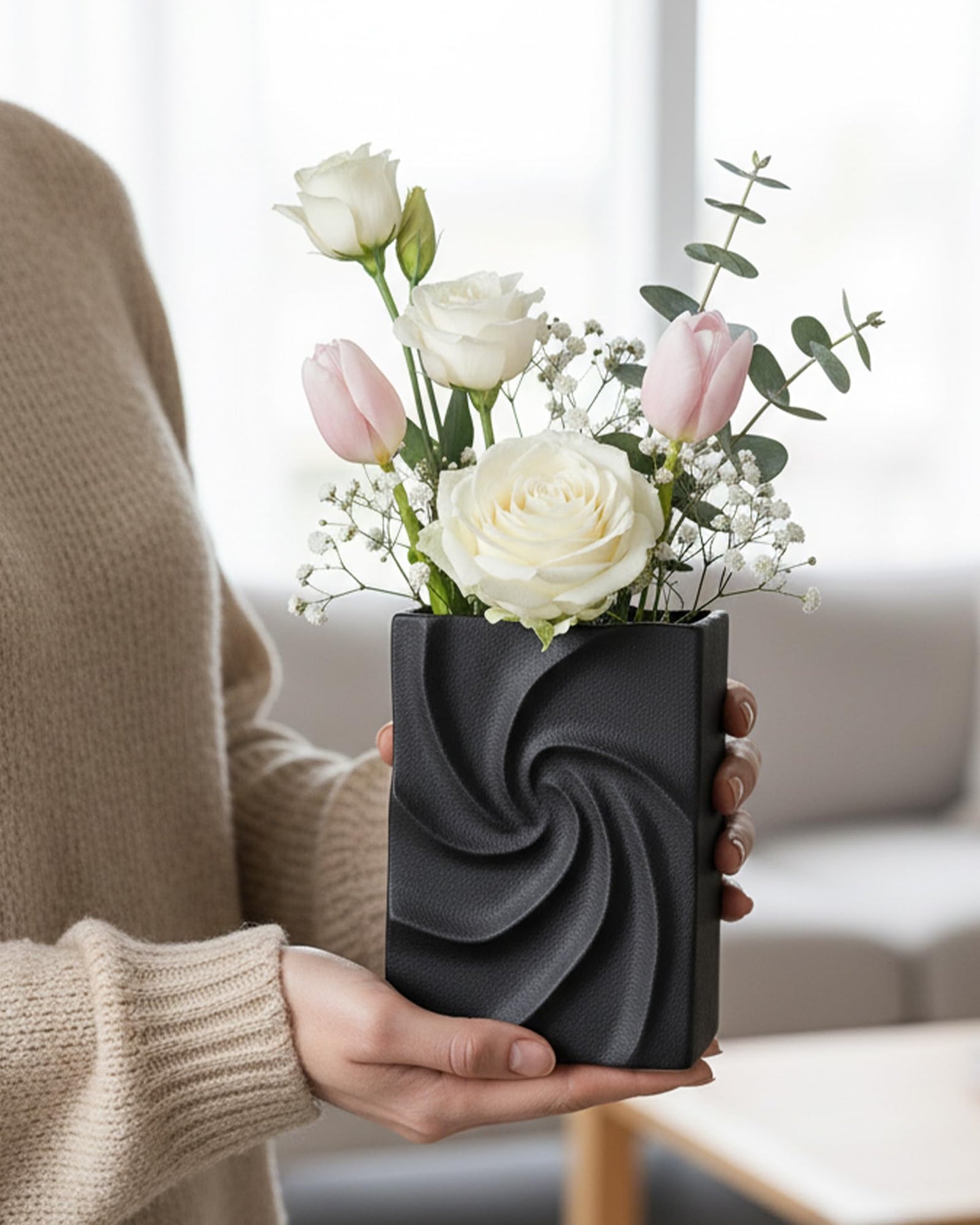Small Black Vases Home Decor, Organic Square Whirlpool Shape, Aesthetic Small Flower Vase Living Room, Bedroom, Bathroom, Shelf & Table Decor, Boho Room Decor for Women OOSTONEE