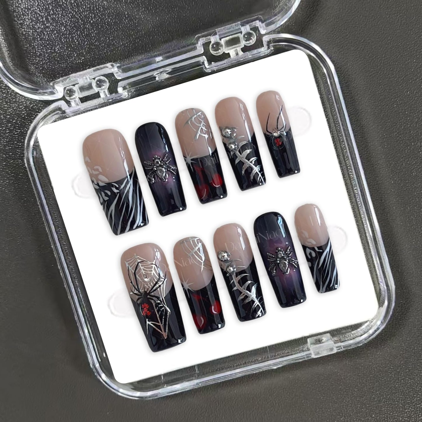 Halloween Handmade Press on Nails Long Square False Nails 3D Spider Designs Full Cover Thick Black French Tip Acrylic Fake Nail Halloween Silver Spider Web Stick on Nail for Women（Size M)