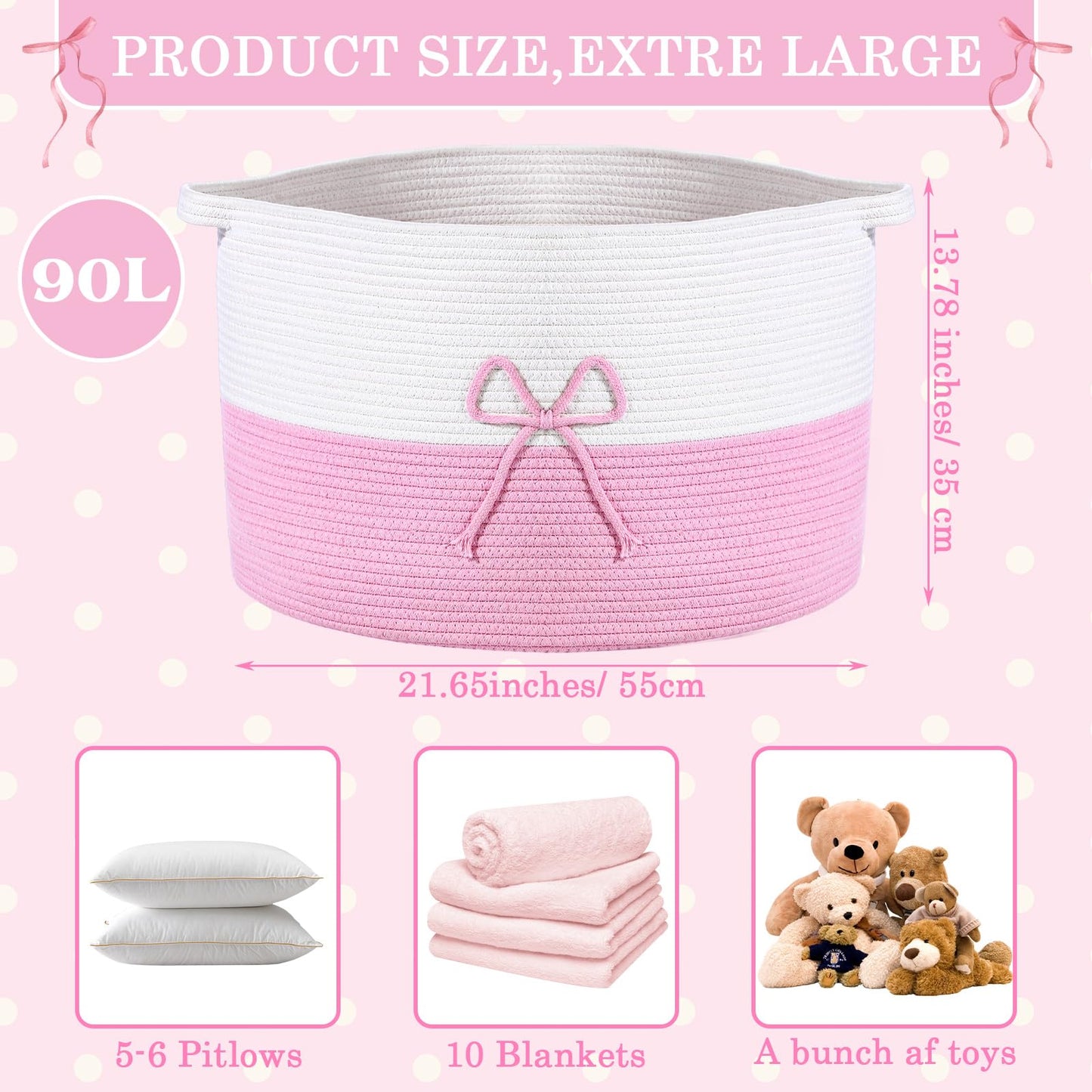 Breling 70L Pink Bow Extra Large Cotton Rope Basket 21" x 14", Woven Baby Laundry Blanket Basket Box with Handle Storage, Blanket Storage for Living Nursery Pillows Laundry Baby Toy Chest
