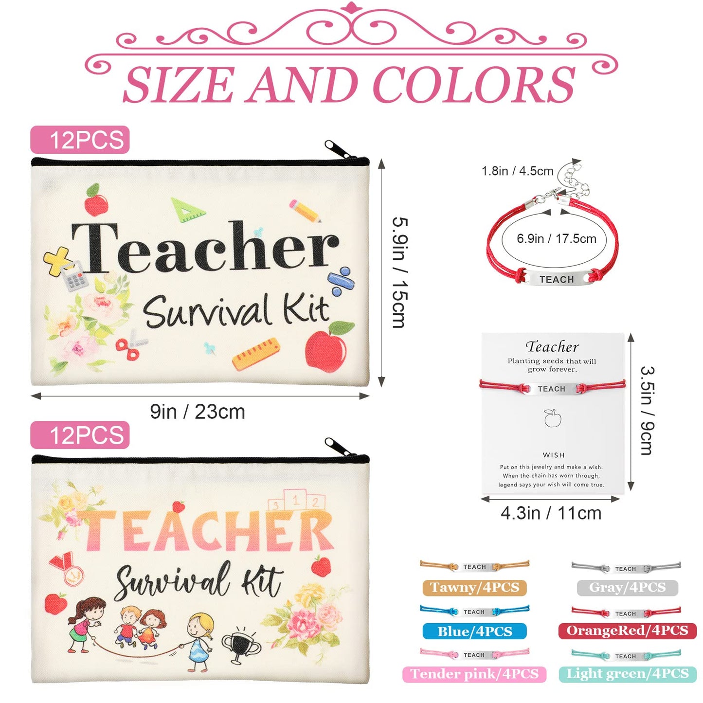 Frienda 48 Pieces Teacher Appreciation Present Set 24 Pcs Teacher Survival Kit Makeup Bag Pouch 24 Pcs Blessing Card Bracelet Cosmetic Bag Kit for Back to School Thanksgiving Party