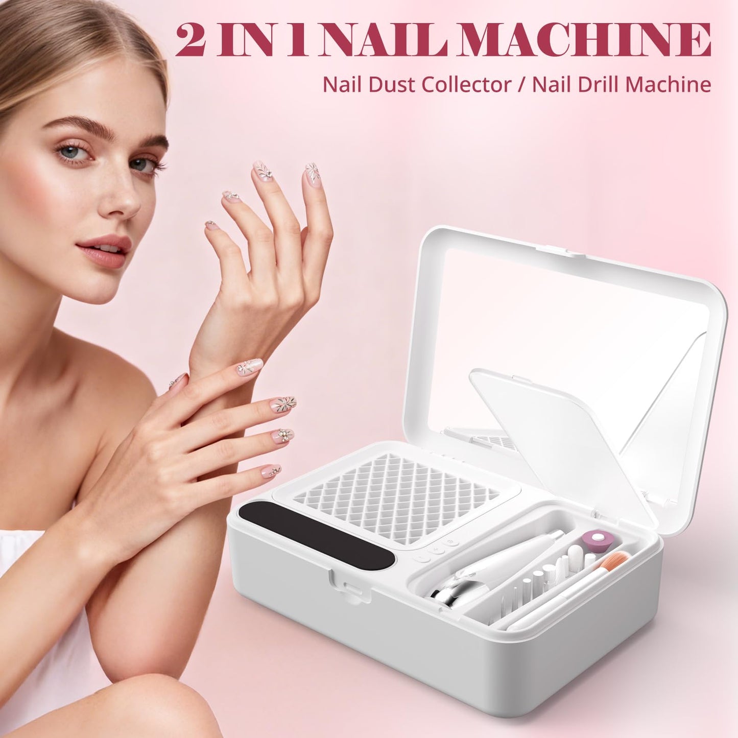 Nail Dust Collector and Cordless Electric Nail Drill File Kit, Professional Portable Manicure Pedicure, 13 Bits, HPro Powerful Dust Suction Machine for Home Salon - White