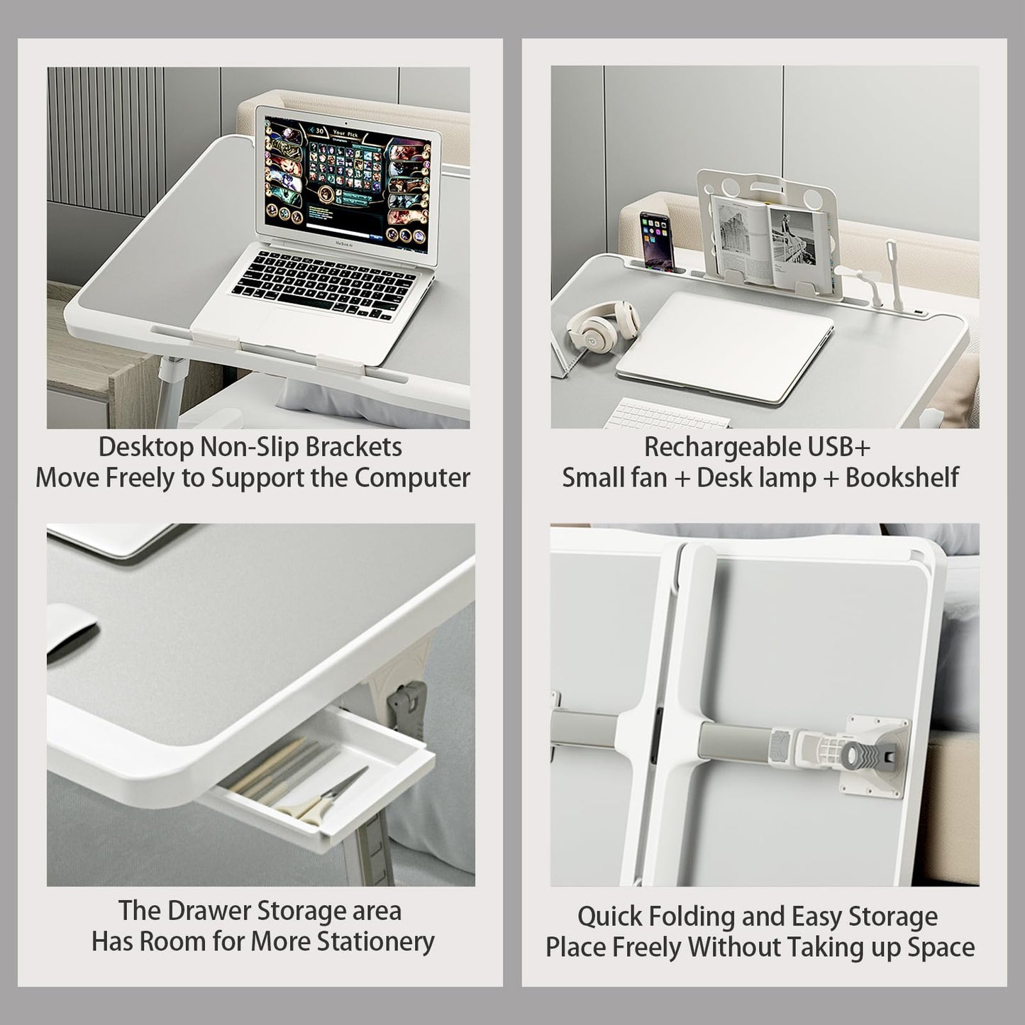 Laptop Desk for Bed, Adjustable Beds Table with USB Charge Port, Foldable Lap top Table with Storage Drawer, Portable Laptops Bed Desk Tray for Eating Working Writing Reading