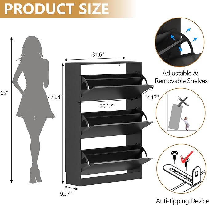 Shoe Storage Cabinet with 3 Flip Drawers, Slim Hidden Wood Shoe Cabinet Storage for Entryway, Freestanding Narrow Shoe Rack Organizer with Adjustable Shelves for Foyer, Hallway, Black