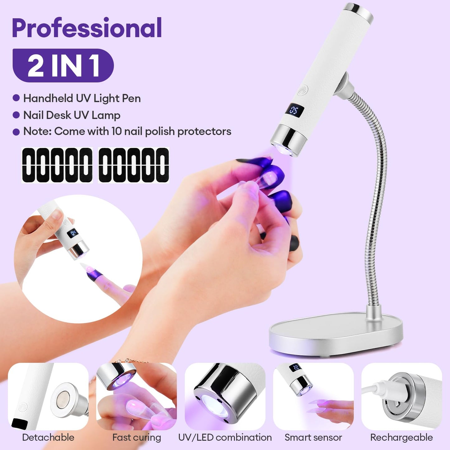 LIARTY UV Nail Lamp Cordless: Mini Rechargeable Auto Sensor LCD Display 2 Timers - Gooseneck Flash Curing Light Pen for Gel Nails Polish with Base (White)