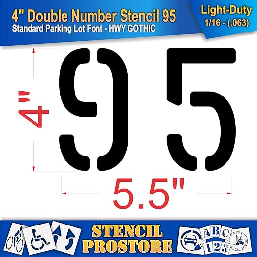Pavement, Curb, and WheelStop Stencils - 4 inch Double Number Stencil - (95) - 4" x 5.5" x 1/16" (63 mil) - Light-Duty