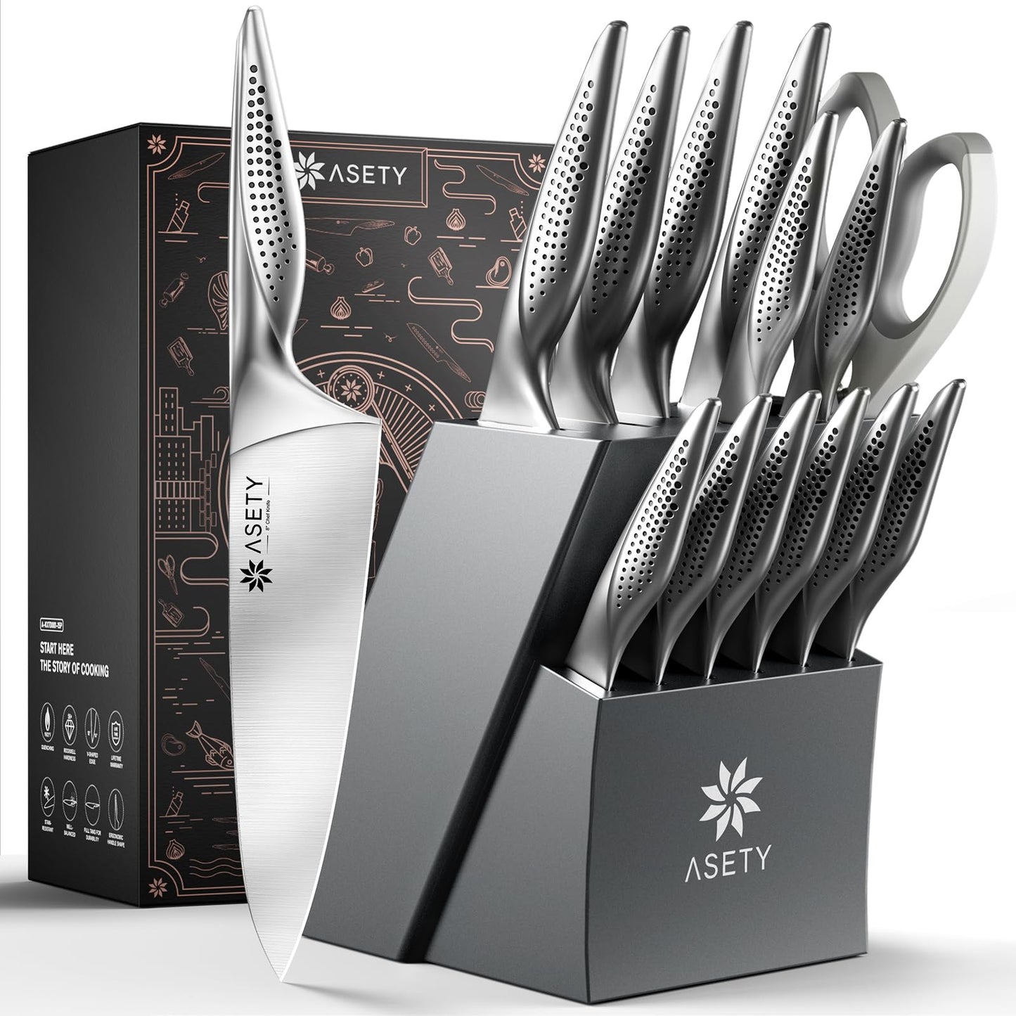 ASETY Knife Set - Ultra Sharp Knives Set for Kitchen with block, 15 PCS Stainless Steel Knife Set with Built-in Sharpener, Ergonomic Non-Slip Handle, Elegant Box for Men Women, Mothers Day