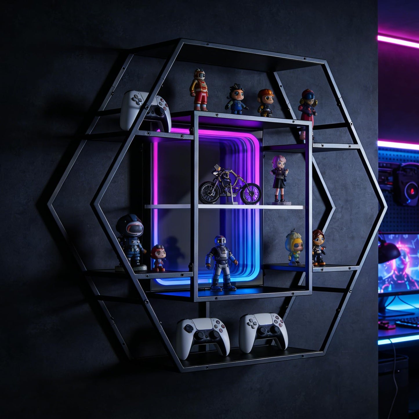 FUSLITE Infinity Mirror Gaming Floating Shelves with LED Lights, Hexagon Wall Mounted LED Shelf with RGB App Control, 36.6" Large Display Rack for Gaming Room Decor, Action Figures, Collectibles