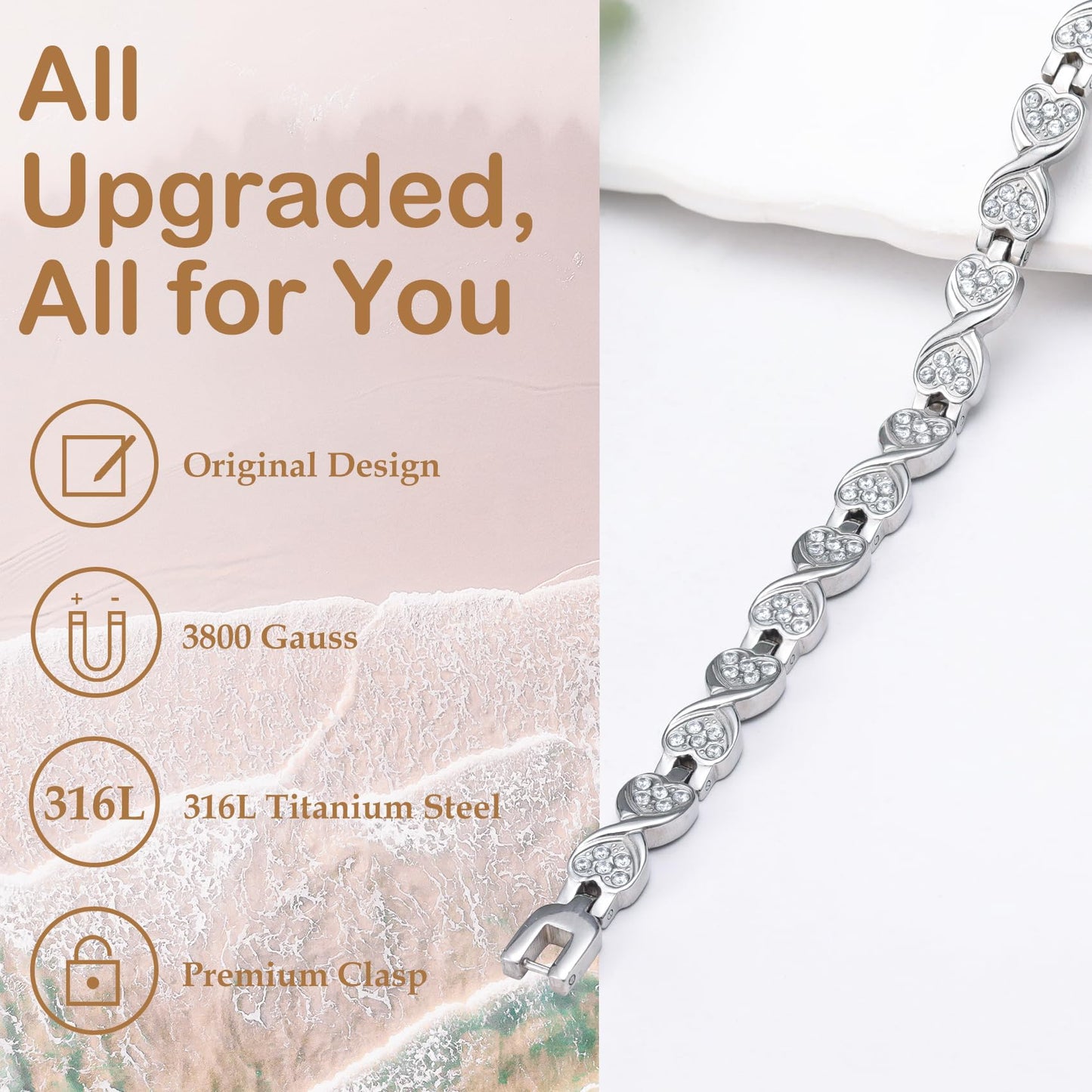 Feraco Ultra Strength Magnetic Bracelets for Women with 3800 Gauss Magnets, Stainless Steel Magnet Bracelet, Adjustable with Sizing Tool