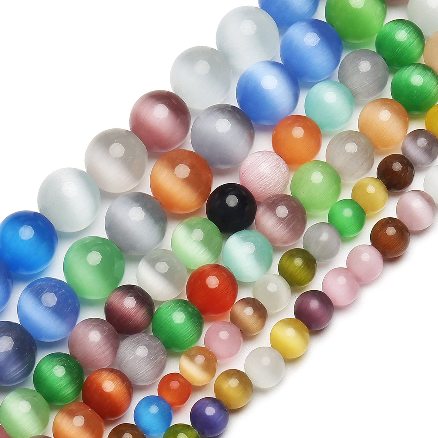 70PCS Natural 8MM Healing Gemstone, Synthetic Cat’s Eye Energy Stone Round Loose Beads, Semi-Precious Crystal Beads with Free Elastic String for Jewelry Making DIY