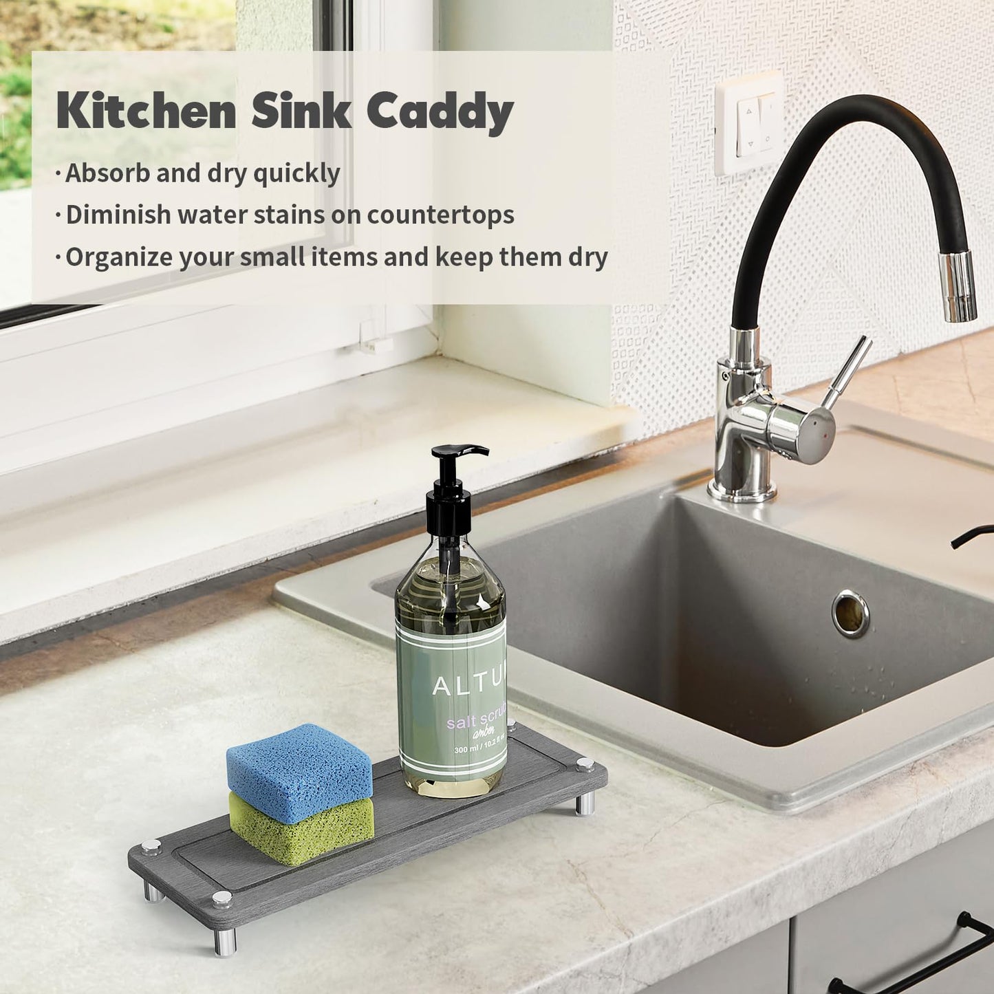 Johamoo Kitchen Sink Caddy Water Absorbing Stone Tray For Sink, Diatomite Bathroom Countertop Tray Organizer, Faucet Stone Drying Mat Coaster Soap Dish Sponge Dispenser Holder (Grey)