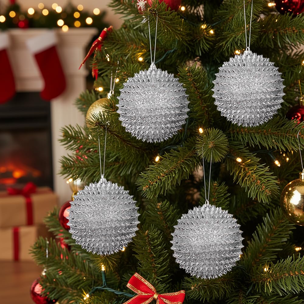 Spiked Glitter Christmas Ornaments, 4PCS 4.33" Handcrafted Cone Stud Ball Decorations in Punk Rock Gothic & Modern Glam Style, Shatterproof Christmas Tree and Holiday Decor for Home Party or Gift