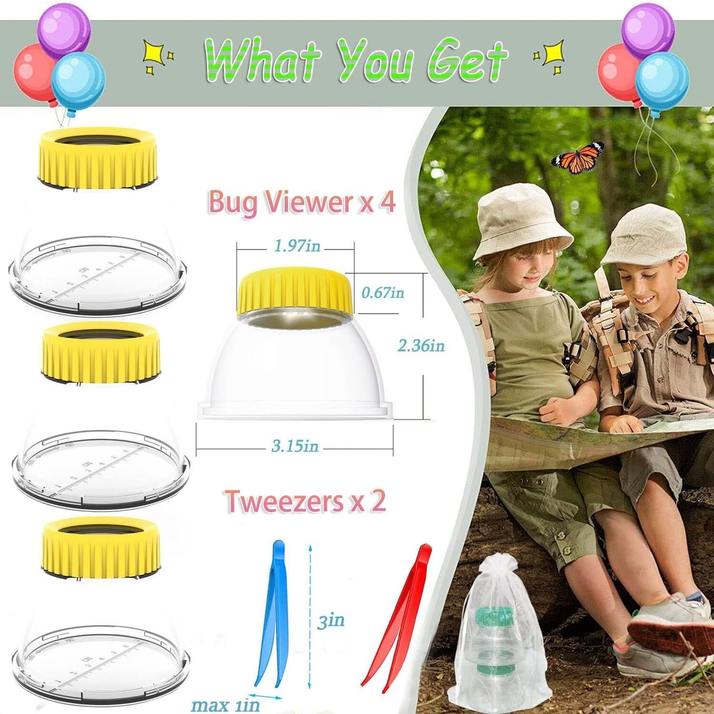 Bug Cather 5X Magnifyer Insect Jar Observation Kit Bug Viewer Built-in 7cm Ruler with 2 Plastic Tweezers Bug Catcher Kit for Kids Science Nature Exploration (4Pack, Yellow)