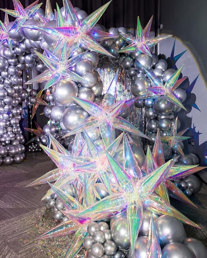 Iridescent Star Balloons,9Pcs 22Inch Iridescent Clear Explosion Spike Cone Helium Polyester Film Star Foil Balloons for Birthday Anniversary Baby Shower Wedding Disco Party Decorations