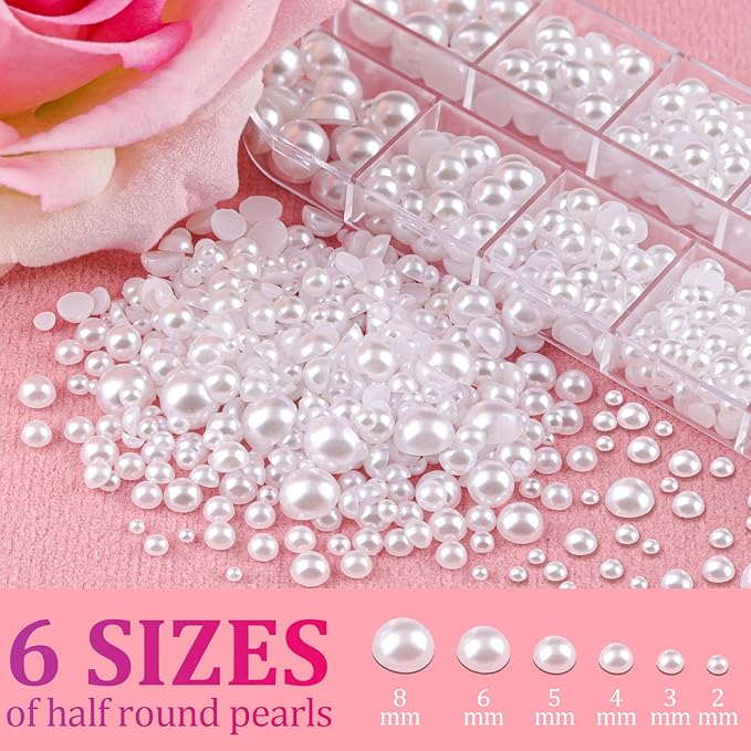 Belleboost Flat Back Pearls Kits 2 Boxes of Flatback White Half Round Pearls with Pickup Pencil and Tweezer for Home DIY and Professional Nail Art, Face Makeup and Craft