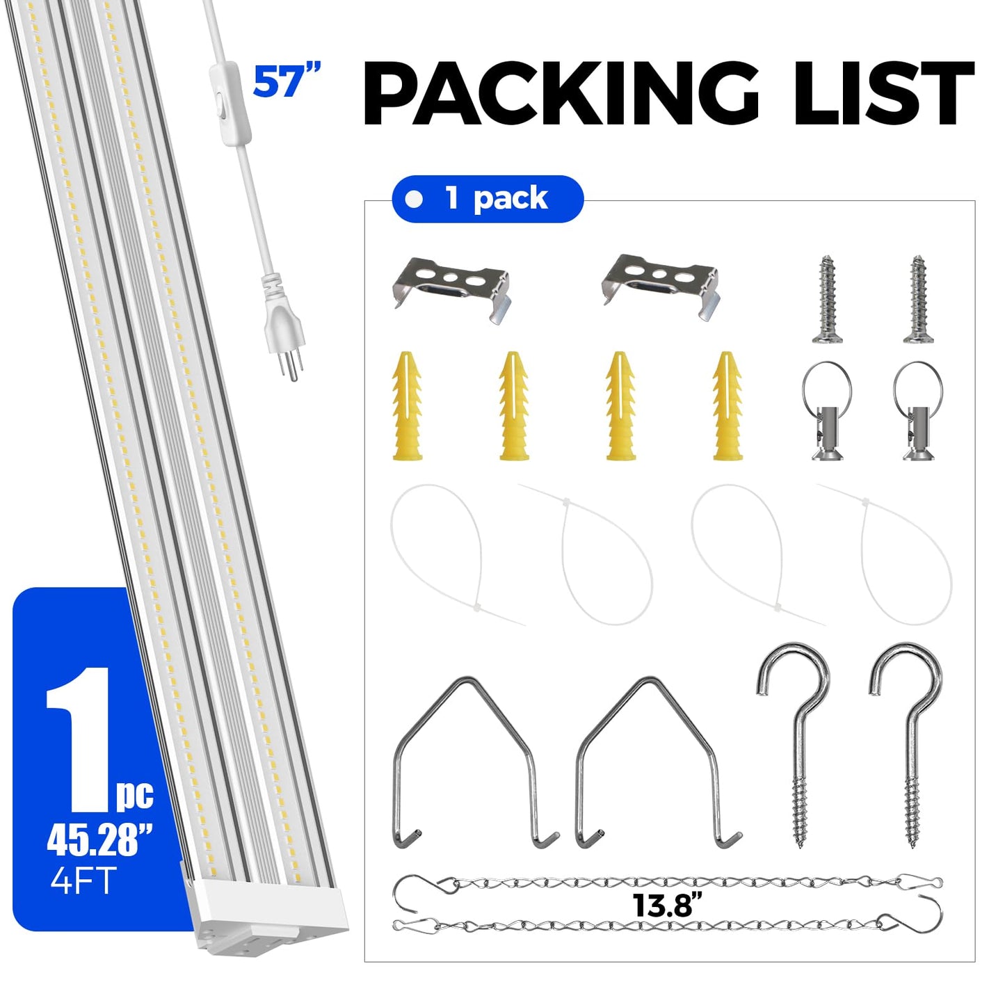 Barrina TX72 4FT Grow Light for Indoor Plants, 72W (500W Equivalent), High PPFD, 5000K Daylight Full Spectrum, Grow Lights for Seed Starting, Vegetable, Greenhouse with On/Off Switch, Linkable, 1 Pack