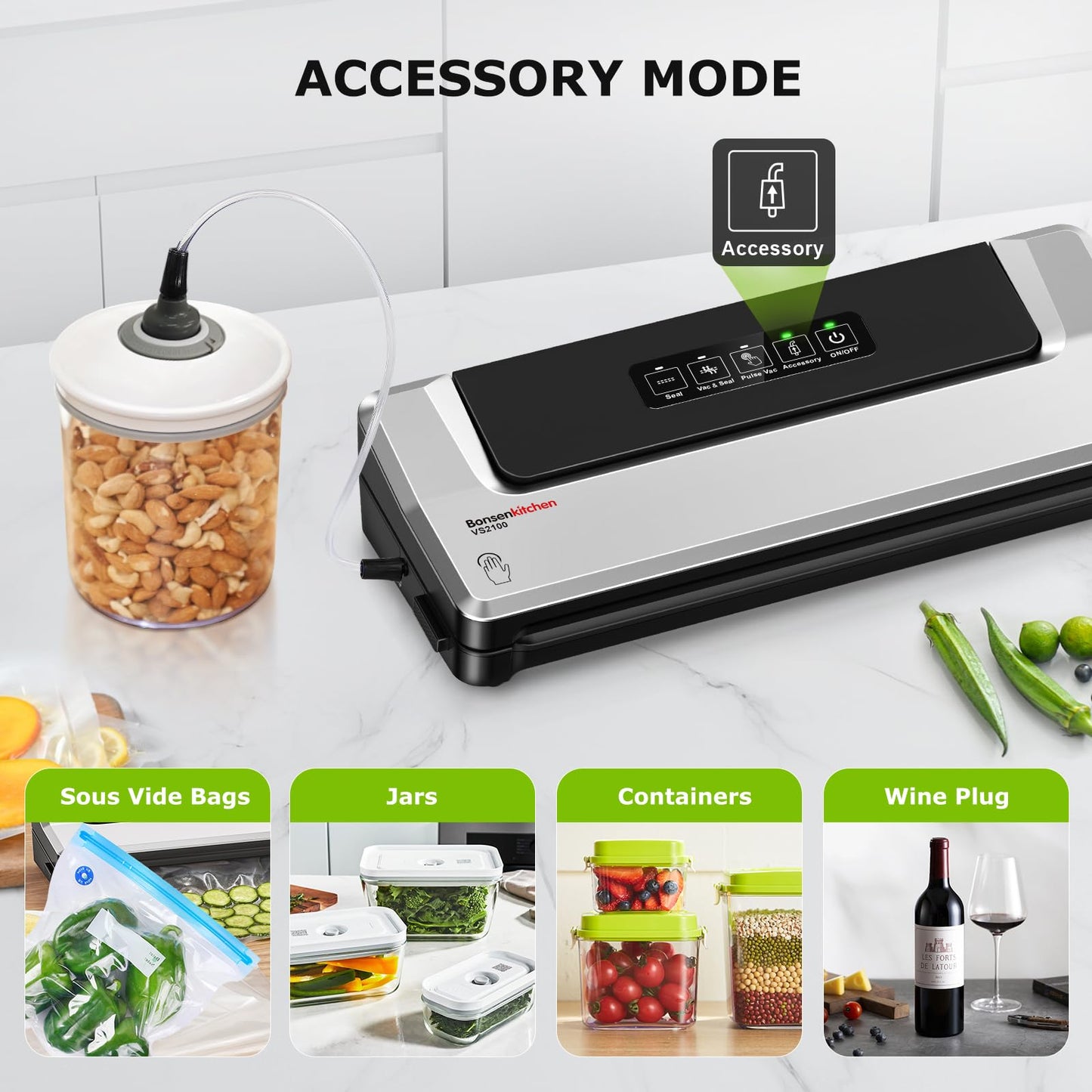 Bonsenkitchen Vacuum Sealer Machine | Compact Food Sealer for Kitchen Storage & Meal Prep | Multiple Modes | External Vacuum System | 5 Bags, Silver