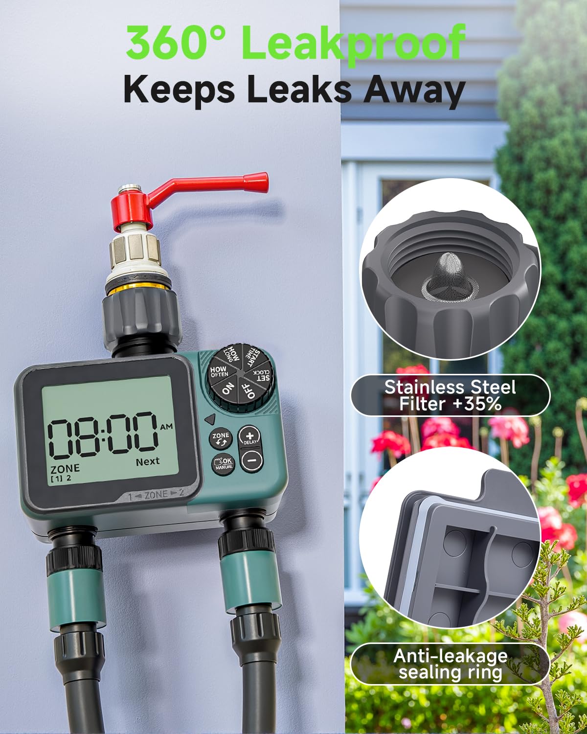 Sprinkler Timer 2 Zone & Digital Water Timer for Garden Hose, Yard, Lawn, Pool – Programmable Irrigation Controller with Rain Delay, IP66 Waterproof Auto & Manual Irrigation System