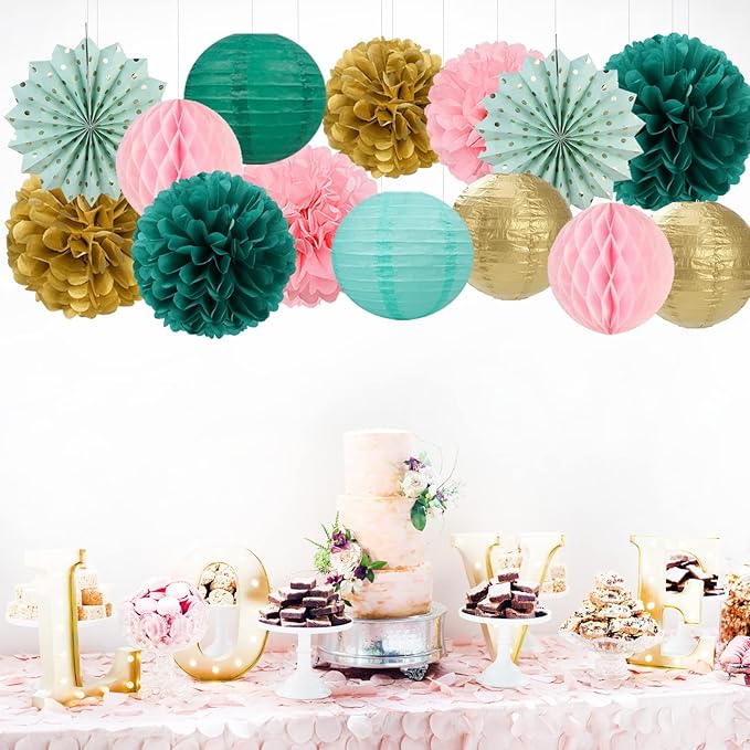 Sage-Green Pink-Gold Baby-Shower Party Decorations - 14pcs Teal Wedding Paper Lanterns Fan,Tissue Pom Poms Streamers,Honeycomb Balls,Birthday Bachelorette Engagement Bridal Decor Lasting Surprise