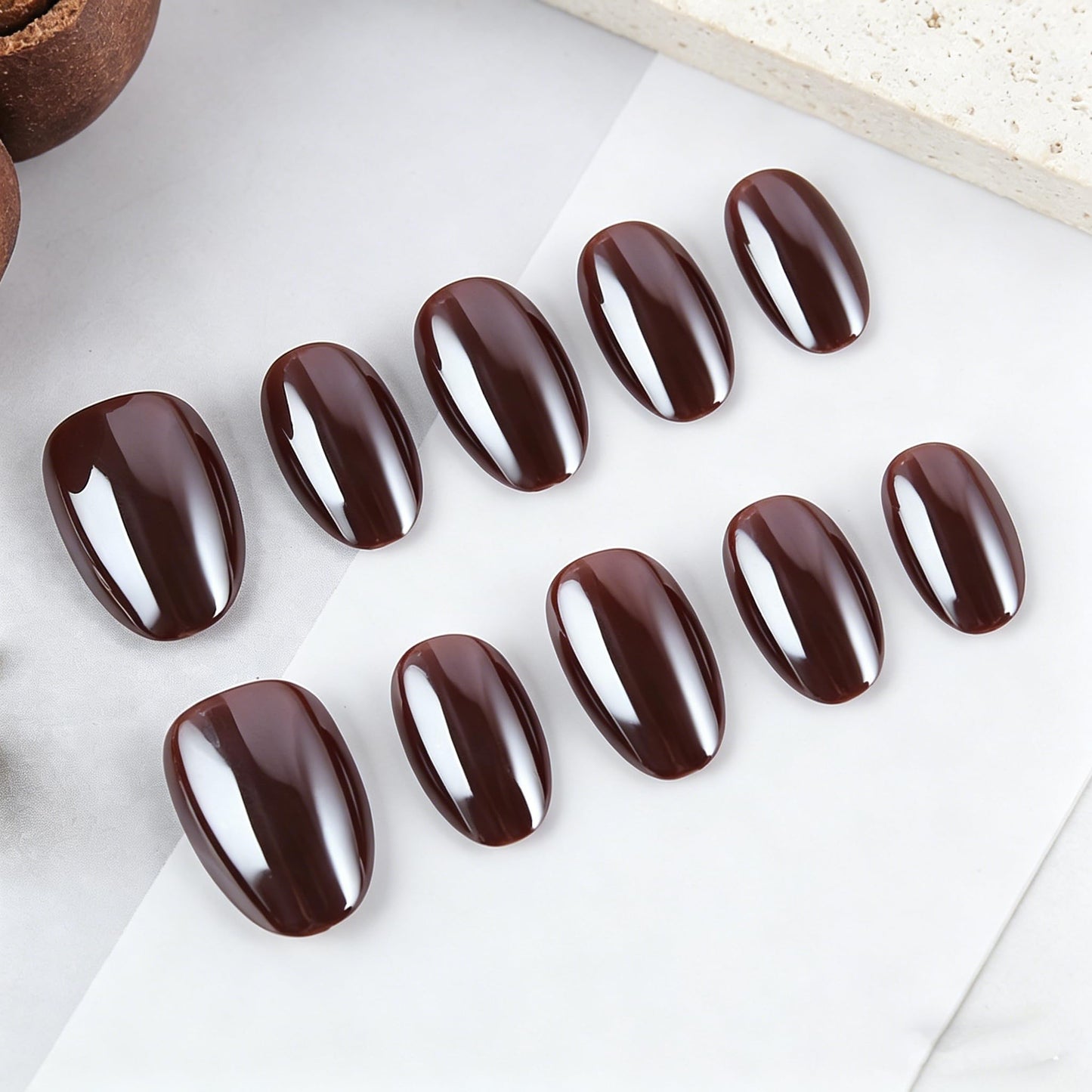 Dark Brown Chrome Short Oval Press On Nails - 32Pcs 16 Size Soft Gel Electroplated Fake Nails with Glue, Reusable Metallic Brown False Nails for Women Daily Office Party