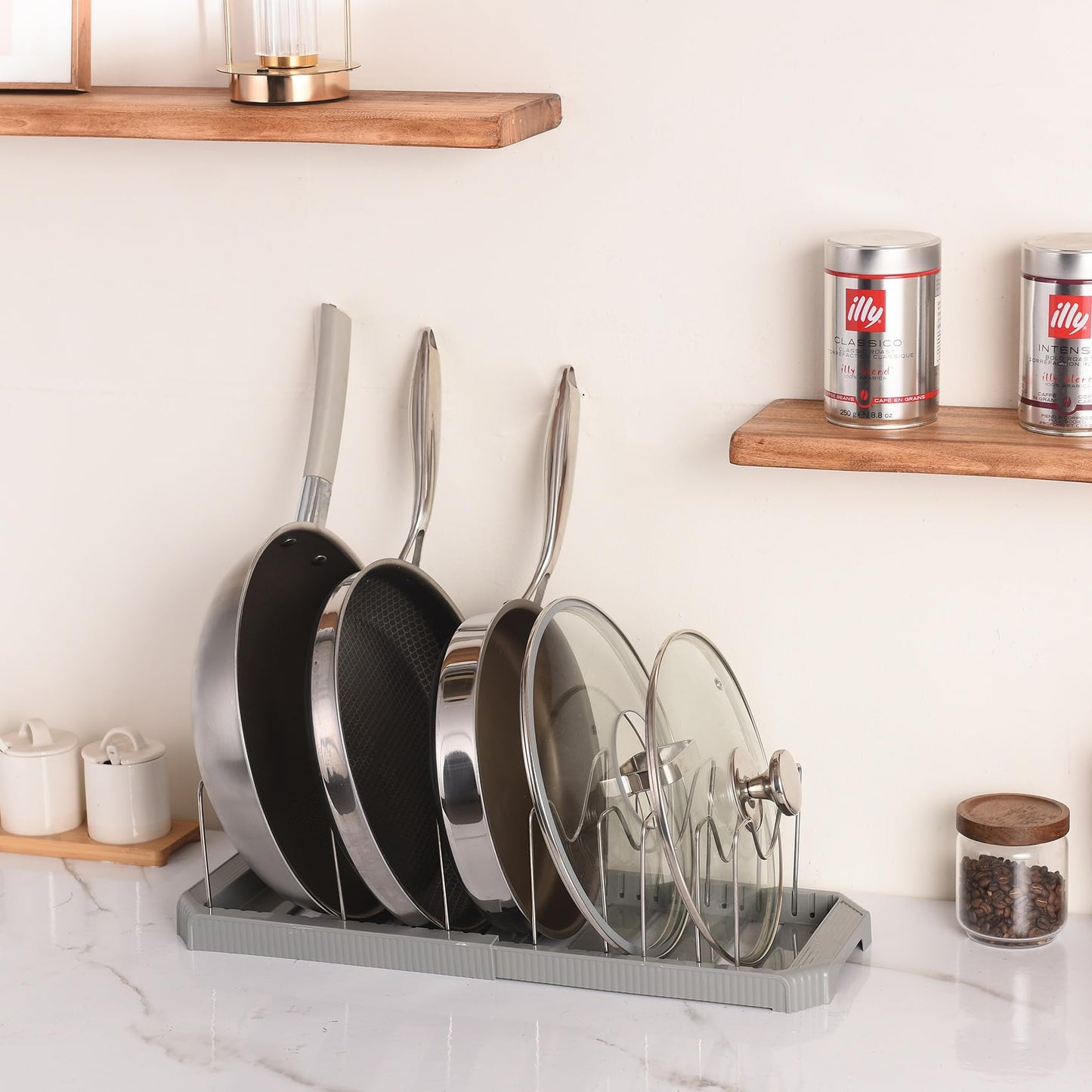 Adjustable Pot Lid Organizer Rack, 9 Compartments Cabinet Storage Holder for Pots, Pans, Lids, Cutting Boards, Bakeware