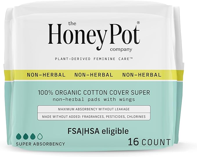 The Honey Pot Company - Sanitary Pads for Women - Non-Herbal Super w/Wings - Organic - Cotton Cover & Ultra-Absorbent Pulp Core - Feminine Care - FSA & HSA Eligible - 16 ct
