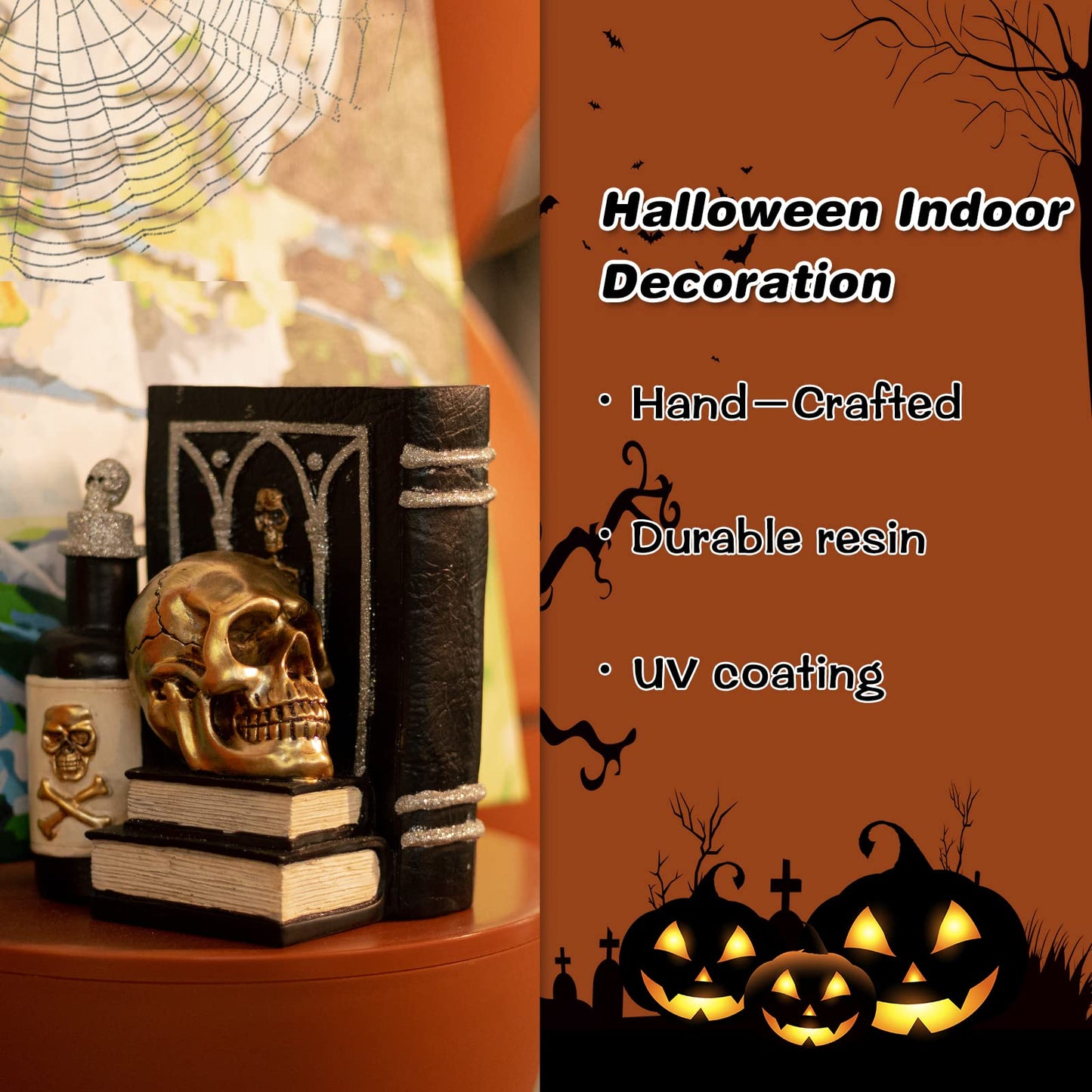 Ovewios Halloween Skull Decor, Gothic Skeleton Heads and Book Resin Statue, Collectible Figurines for Halloween Decor Unique Gifts for Home Decorations 9.2"