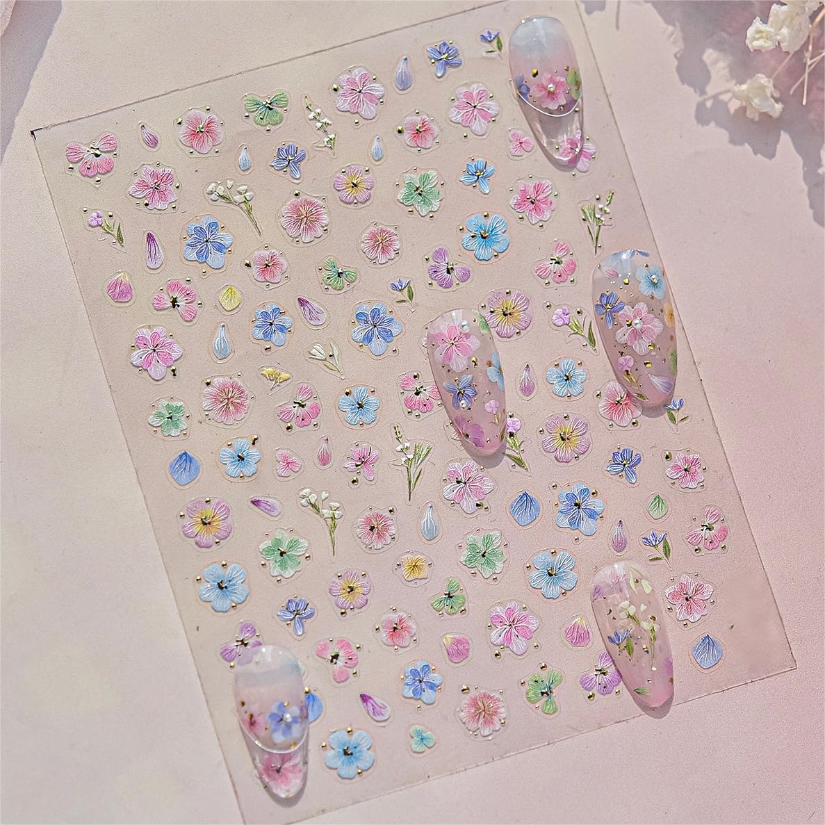 Phuryllic 3D Nail Stickers for Nail Art, Embossed Self-Adhesive Cute Nail Charms & Decals for DIY Nails, Easy-to-Apply Nail Design Supplies & Accessories for Home Manicure-Pink&Blue Flower