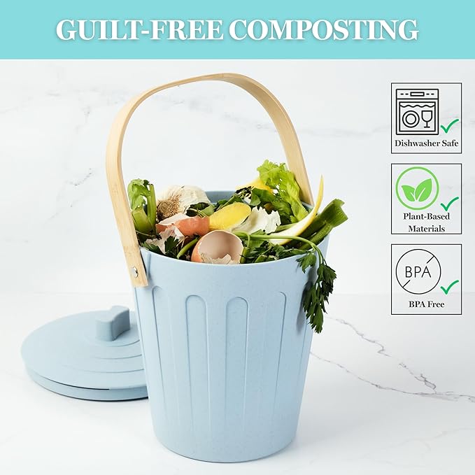 Martha Stewart Indoor Compost Bin | Countertop Composting Bucket for Kitchen | .7 Gallon Capacity | Includes Filter | Plant Based Materials | Linen White