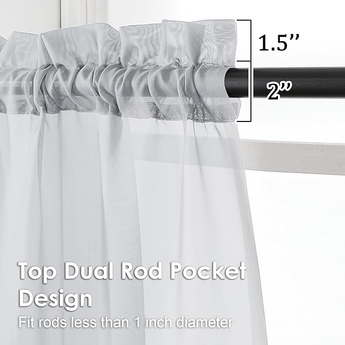 OVZME Light Grey Sheer Curtains 90 Inches Long 2 Panels - Soft Light Filtering Window Sheer Panels for Living Room/Bedroom, Top Dual Rod Pocket, 1 Pair, Each 42Wx90L Inches