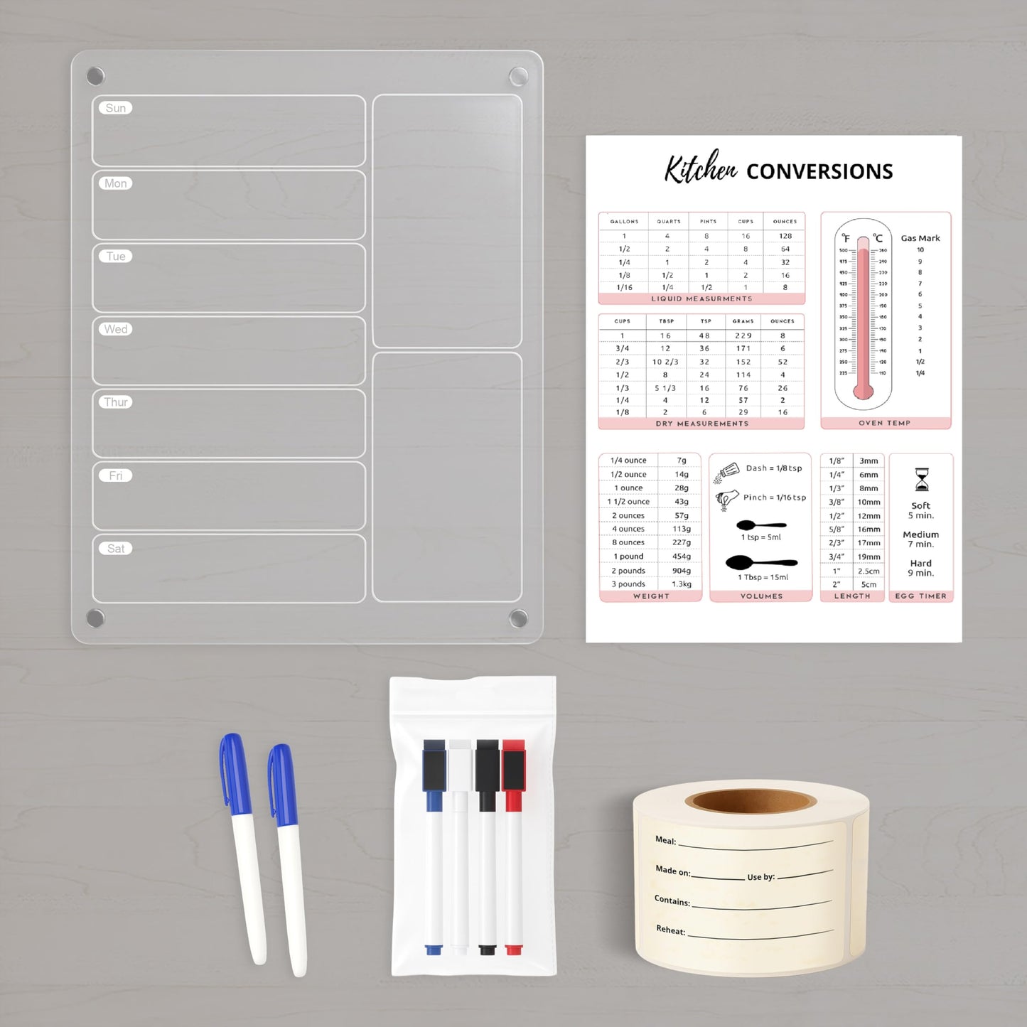 Meal Prep Bundle. Includes 1 Magnetic Acrylic Meal Planner Board, 1 Kitchen Conversion Chart Magnet, and 100 Freezer Labels for Food Storage & Organization