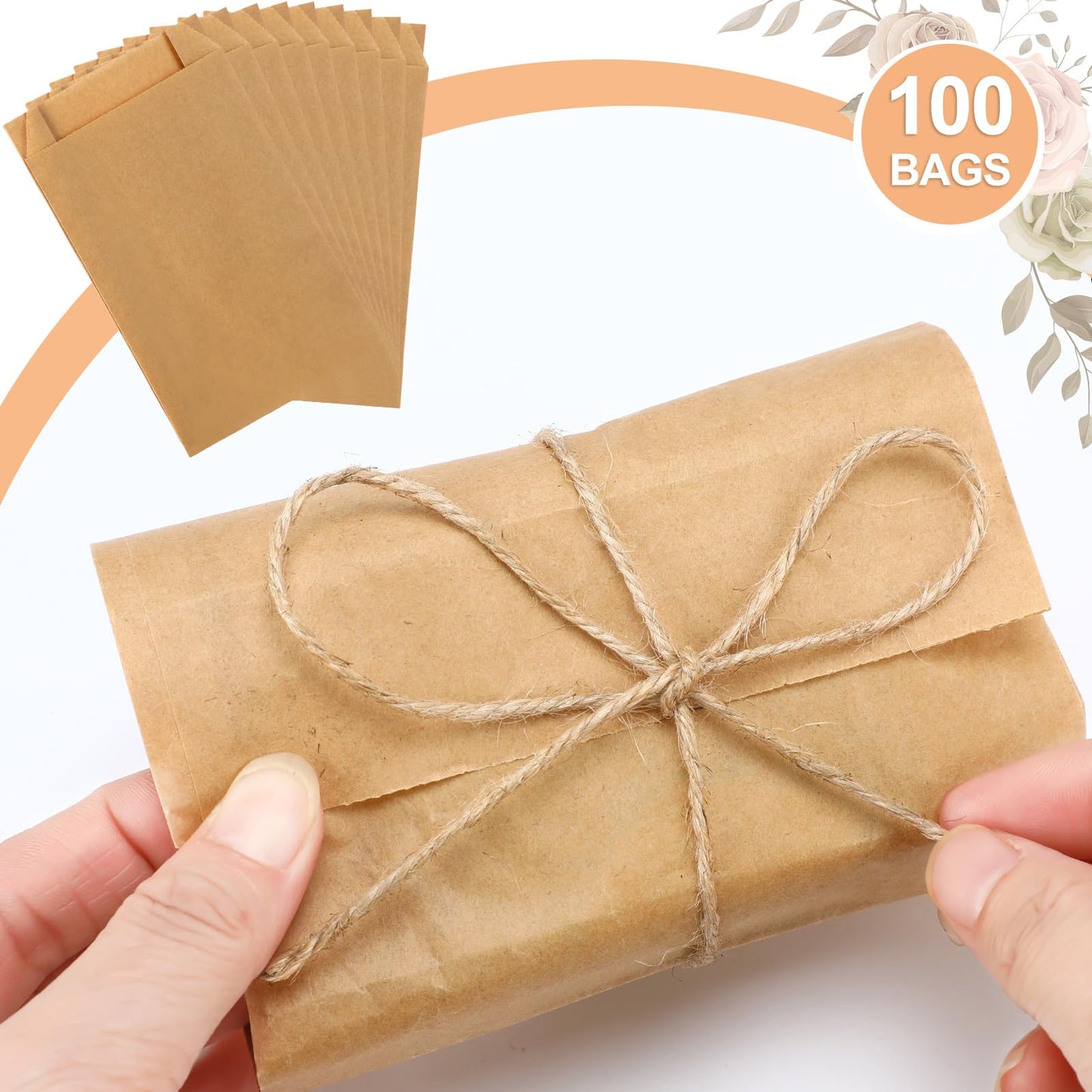 Fulmoon 100 Pieces Soap Paper Bags, 5'' x 8'' Kraft Paper Bags for Packaging Soap Making Wrappers with 394 In Jute Ropes for Candy Lipstick Gift Crafts Merchandise Wedding Gift Wrapping (Solid Color)