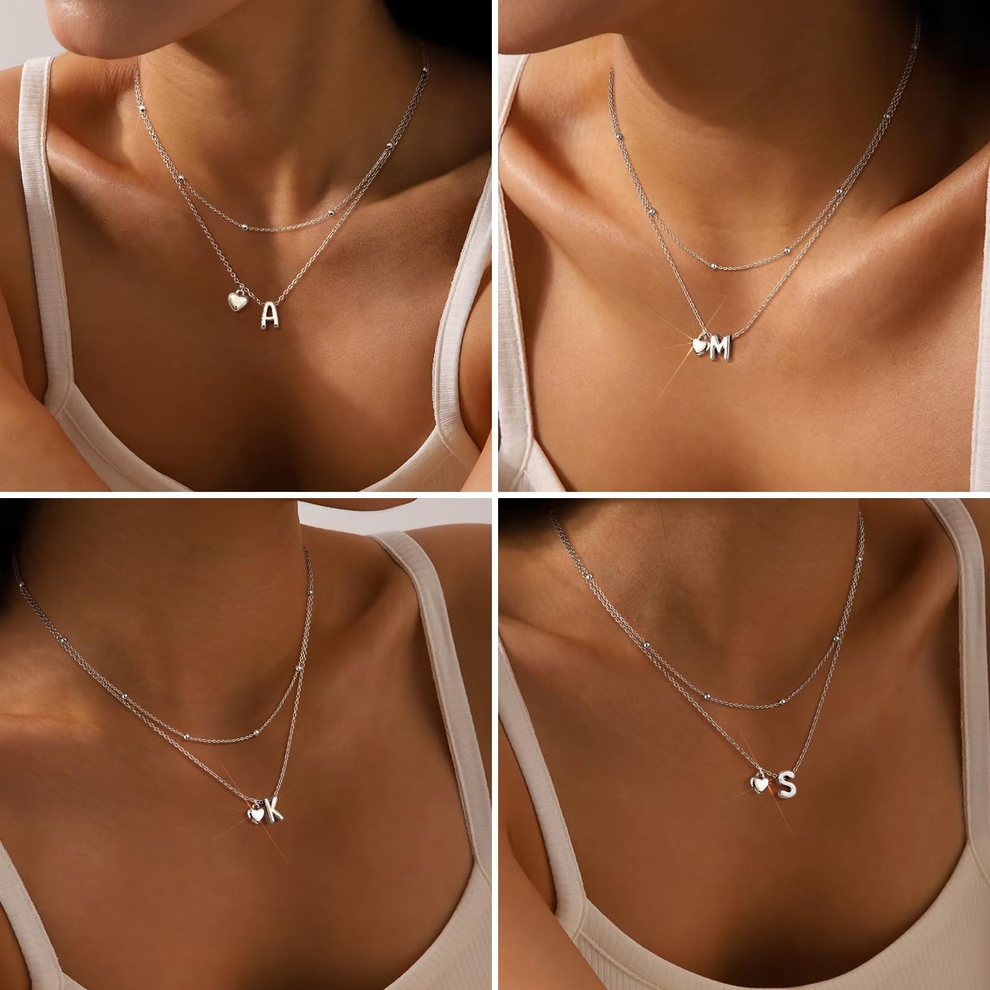 adoyi Silver Heart Initial Necklaces for Women 14k Gold Plated Layered bubble Letter Necklace Dainty Heart J Pendant Necklace Stack Birthday Valentines Gifts for Women Jewelry