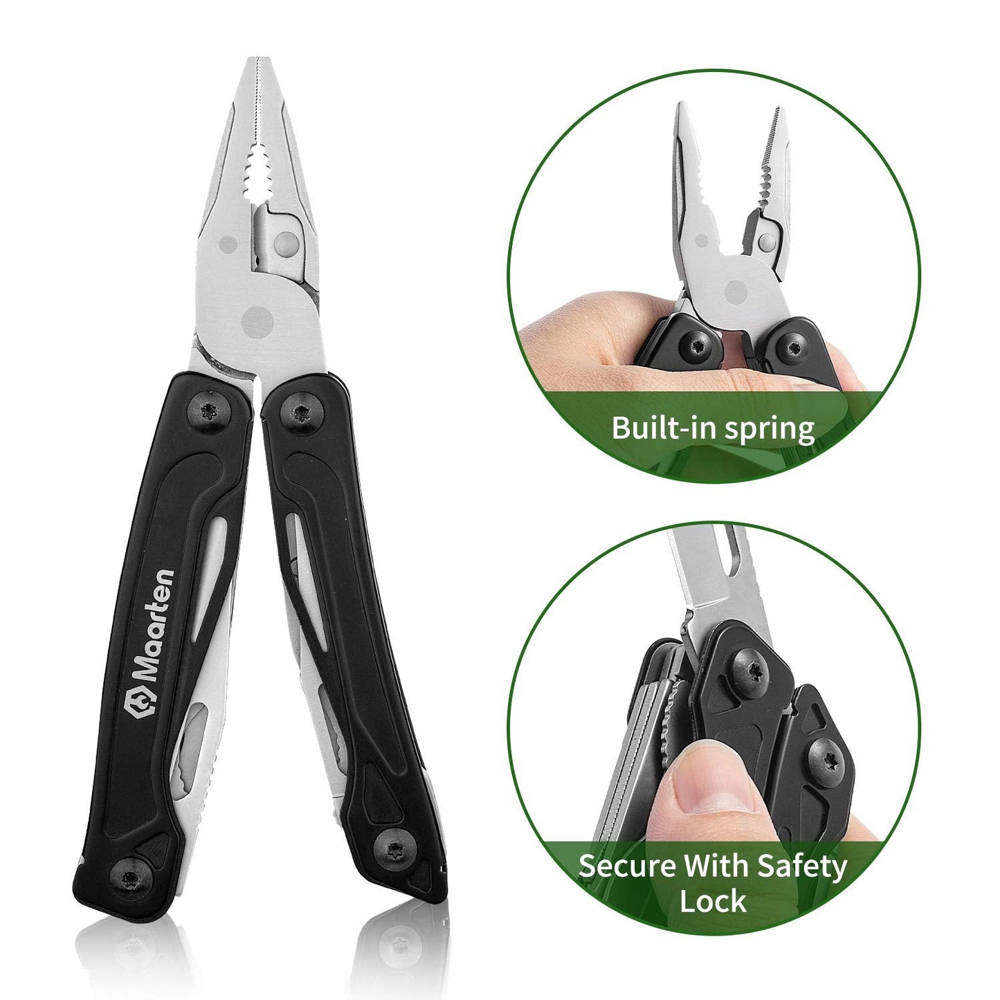 Maarten Multitool Pliers, 13 in 1 Stainless Steel Pocket Multi Tool Pliers with Pocket Clip, Portable Safety Locking Multi-Plier with Folding Saw, Bottle Opener and Durable Nylon Sheath