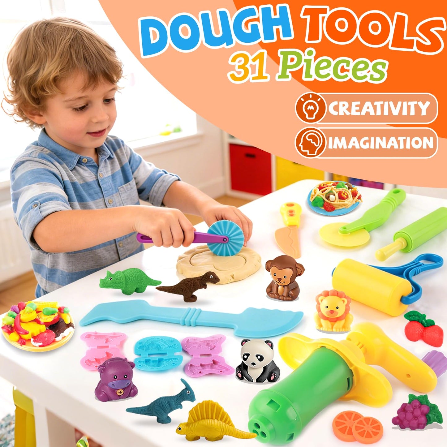 31 Pcs Dough Tools, Dough Play Tools Set + Kitchen Spaghetti Maker Machine Clay and Dough Accessories with Rolling Pins, Clay Cutters, Safety Scissors, 3D Dino & Animal & Fruit Molds