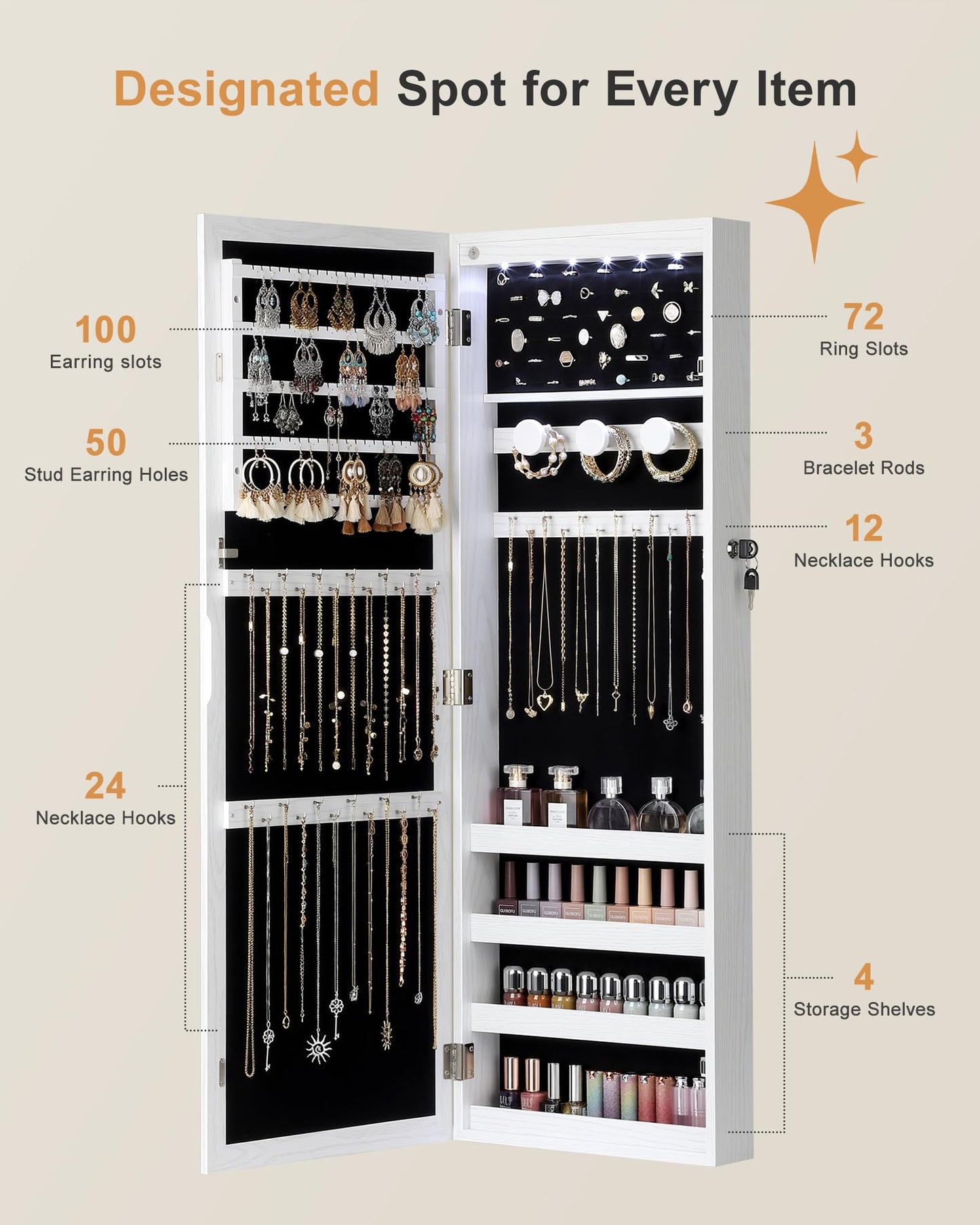 Nicetree 6 LEDs Mirror Jewelry Cabinet, Large Capacity Lockable Jewelry Armoire Organizer, Door or Wall Mounted Mirror with Jewelry Storage, Gift Idea, White