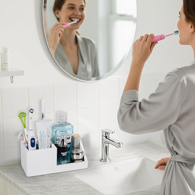 Diatomite Toothbrush Holders for Bathrooms, Quick Dry Electric Tooth Brush and Toothpaste Organizer Bathroom Accessories for Countertop, Vanity, Sink - White