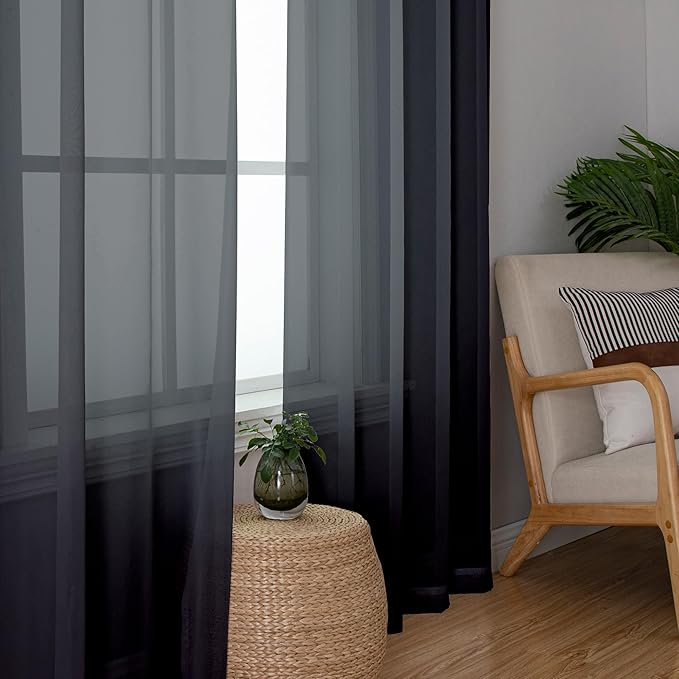 Lecloud Black Sheer Curtains 48 Inch Length 2 Pcs, Light Filtering Bedroom Curtains for Living Room Window Treatments, Rod Pockets Voile Drapes for Bathroom Basement, Each Panel 42" W x 48" L