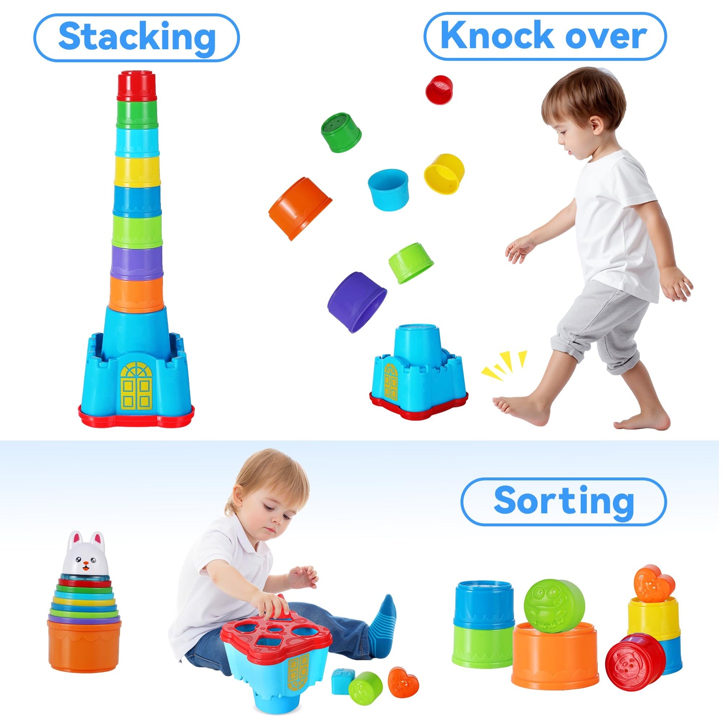 iPlay, iLearn Baby Stacking Toys, Toddler Nesting Stack Cups, Infant Stackable Block, Kids Sorting Game W/Shape Sorter for Sand Bath, Birthday Gift for 12 18 24 Month 1 2 3 Year Old Boys Girls