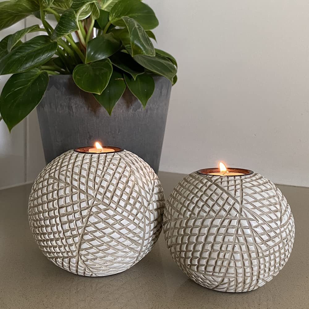 Luca Orb Tea Light Candle Holders (Gift Boxed Set of 2) Grid Pattern, Beige and White