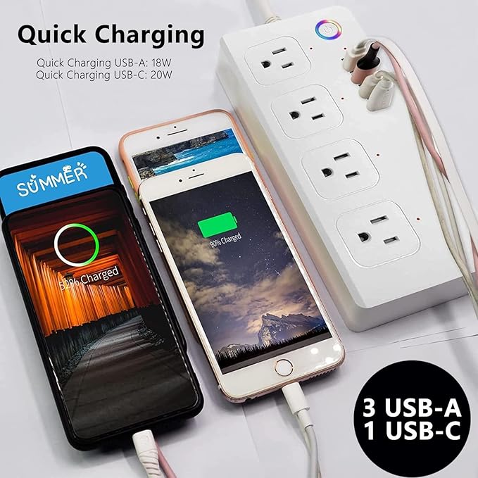 UseeLink WiFi Smart Power Strip,Surge Protector with 3 USB Ports 1 Type C (PD 20W) & 4 AC Outlets Compatible with Alexa, Google Assistant Voice Control, No Hub Required White