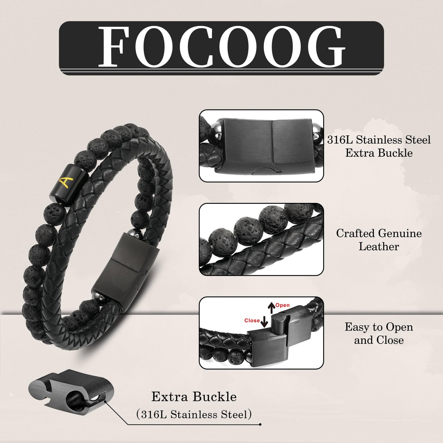 Initial Beaded Bracelet for Men with Lava Rock Beads and Leather